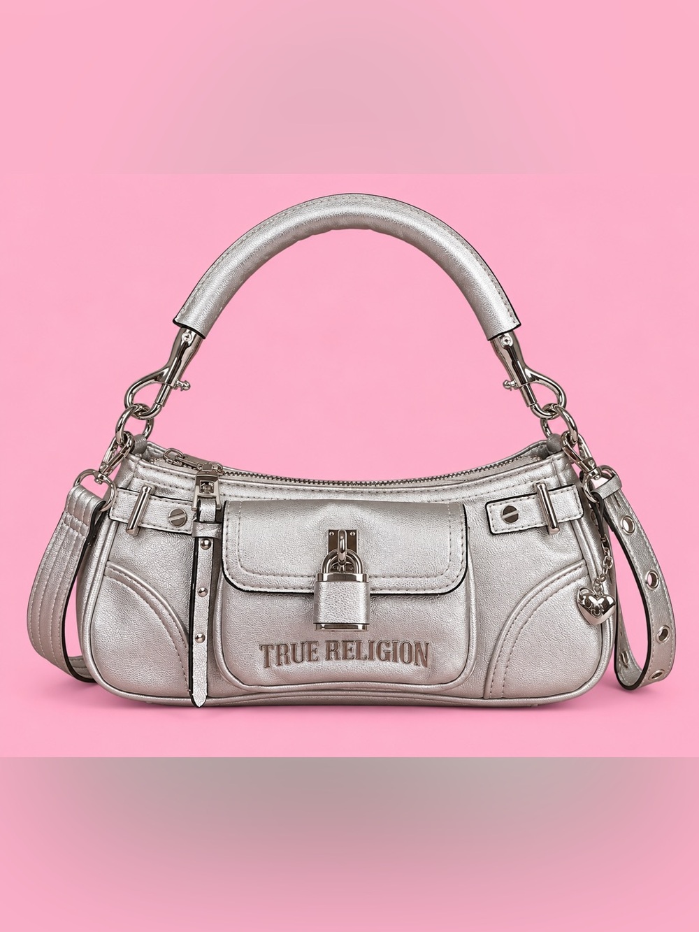 True Religion Metallic Silver Padlock Shoulder Bag